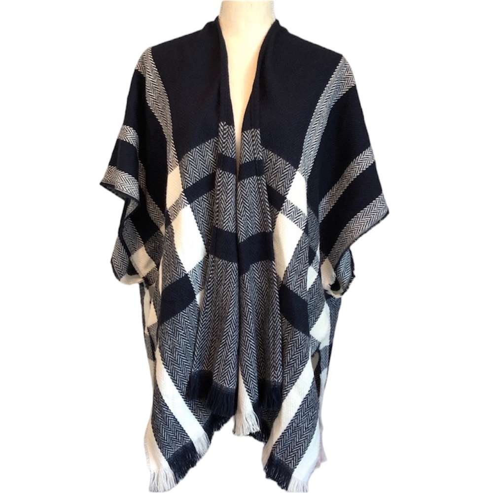 Loft Poncho Open Front Fringe Navy & White Plaid NWT Women’s Size XS/Small